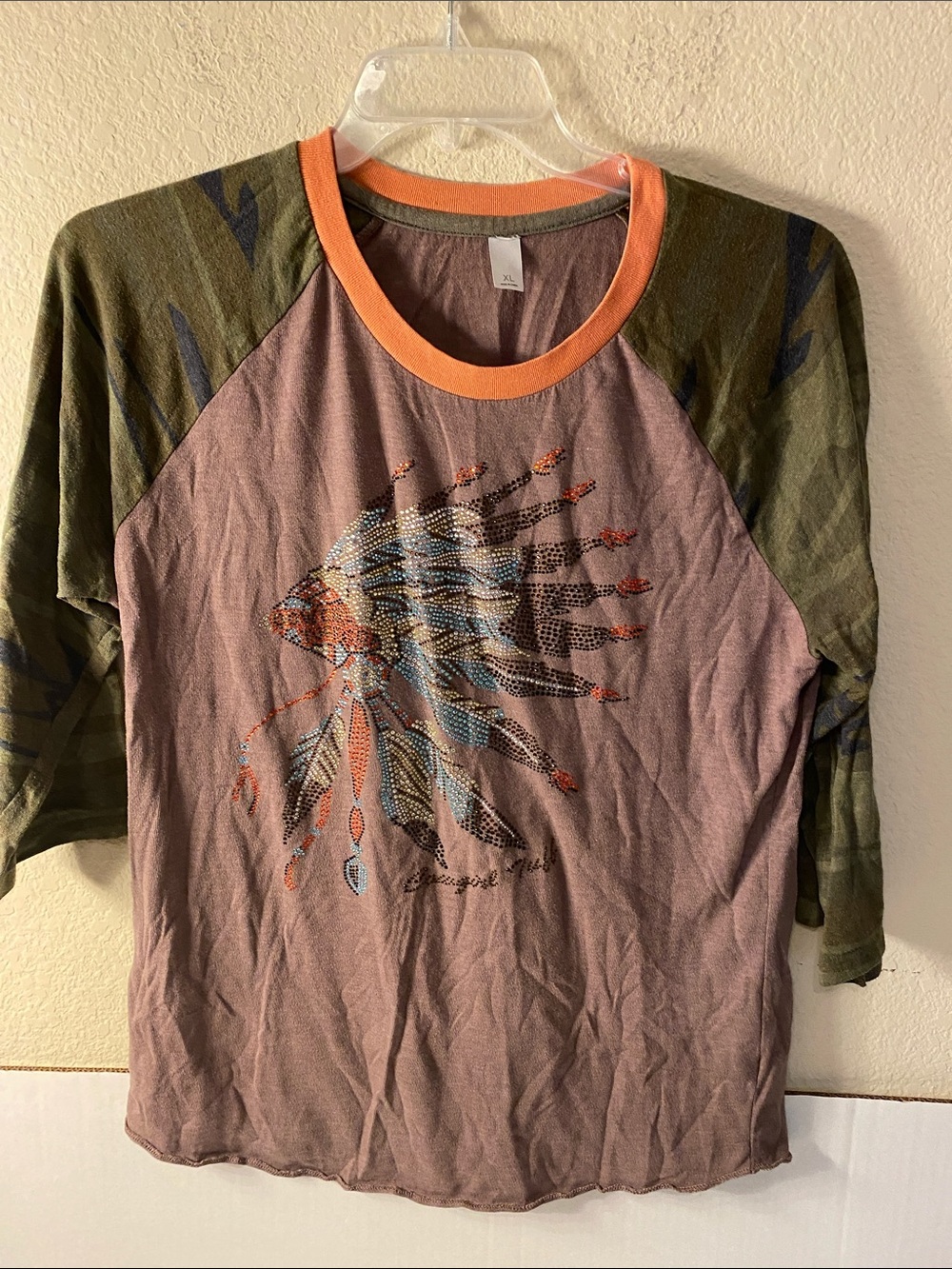 Cowgirl Tuff Mauve & Olive Raglan Long Sleeve Tee with Studded Feather Headdress